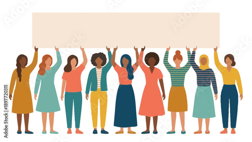 Women’s Day Celebration with Diverse Group Holding Banner and Celebrating Unity