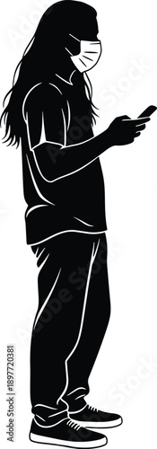 Black silhouette vector of a long haired person wearing a medical face mask and using a smartphone isolated on white background for health concepts