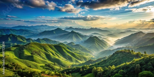 Wallpaper Mural Serene Sunrise Over Rolling Green Mountains, Bathed in Golden Light and Misty Veils Torontodigital.ca