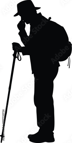 Black silhouette vector of a mature male hiker with a backpack and trekking pole wearing a hat isolated on white background for outdoor adventure