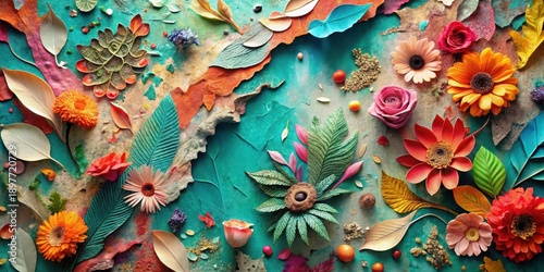 Wallpaper Mural Vibrant Floral Arrangement with Textured Leaves and Decorative Elements on a Teal Background Torontodigital.ca