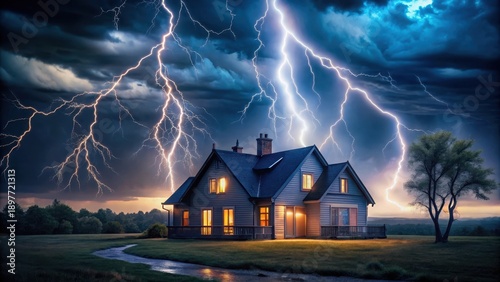 Wallpaper Mural A Serene House Illuminated Under a Dramatic Night Sky with Multiple Lightning Strikes Torontodigital.ca