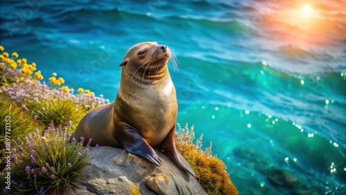 Wallpaper Mural Serene sea lion basking in the golden sunlight near vibrant coastal vegetation, enjoying a tranquil ocean breeze Torontodigital.ca