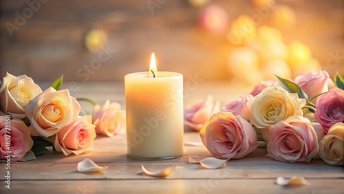Illuminated Remembrance A Serene Still Life Featuring a Lit Candle and Delicate Pastel Roses on a Wooden Surface
