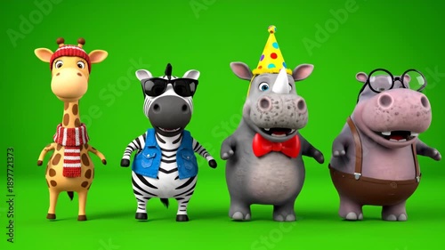 Whimsical Cartoon Animals Dancing on Green Screen