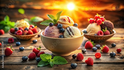Wallpaper Mural A delightful bowl of assorted frozen dairy desserts, garnished with fresh berries and mint, sits on a rustic wooden surface, bathed in the warm glow of a setting sun. Torontodigital.ca
