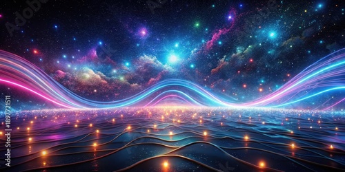 Celestial Waves Across a Glimmering, Dark Expanse of Illuminated Undulations Under a Starry Night Sky