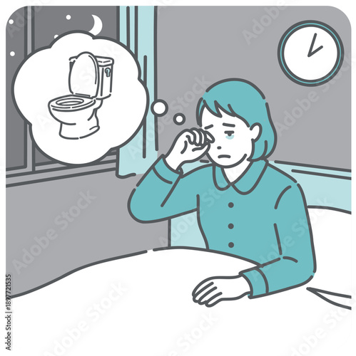 夜間頻尿で夜中にトイレに起きる女性のイラスト（糖尿病・膀胱炎・過活動膀胱）
