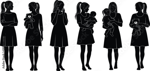 Black silhouette vector set of a mother holding a baby and a young girl with a teddy bear for parenting family and motherhood concepts