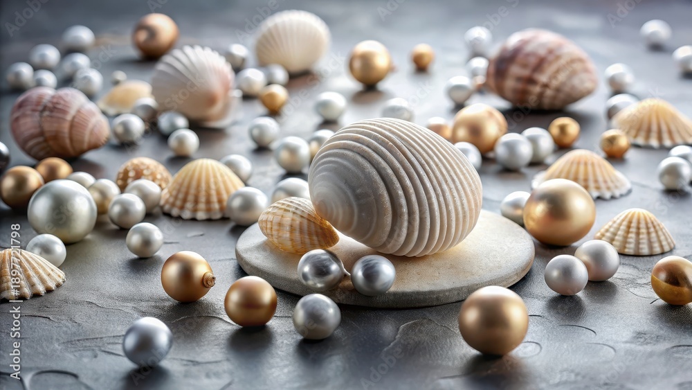 Obraz premium Elegant Seashells and Pearls Still Life Composition Featuring a Textured Orb