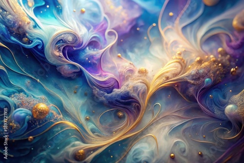 Abstract Fluid Art Swirling Colors and Golden Accents in a Dreamlike Composition