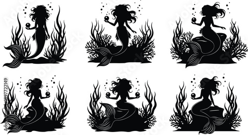 Black silhouette vector set of beautiful mermaids with long hair holding pearls and sitting on rocks surrounded by underwater coral reefs for fantasy concepts