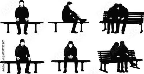 Black silhouette vector set of diverse people and couples sitting on park benches and public seating for outdoor urban lifestyle and social interaction concepts