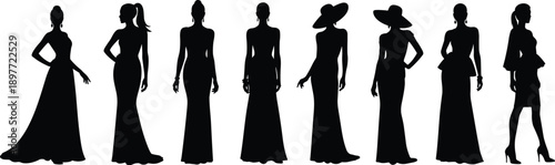 Black silhouette vector set of elegant fashion models wearing evening gowns and sun hats for red carpet luxury lifestyle and haute couture design concepts