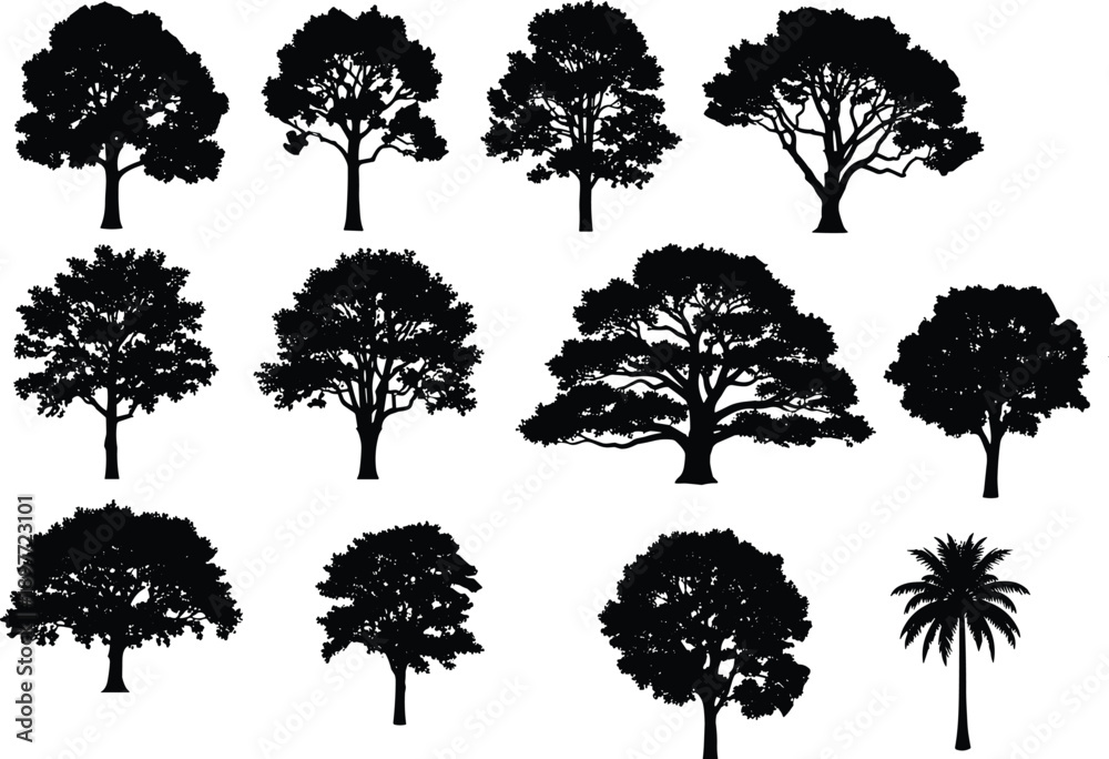 Fototapeta premium Collection of black tree silhouettes and palm tree shapes isolated on white background, natural forest elements for landscape design, eco projects, and creative graphic resources