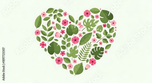 A heart shape filled with lush green leaves and delicate pink flowers, symbolizing nature's love and vitality on a plain background