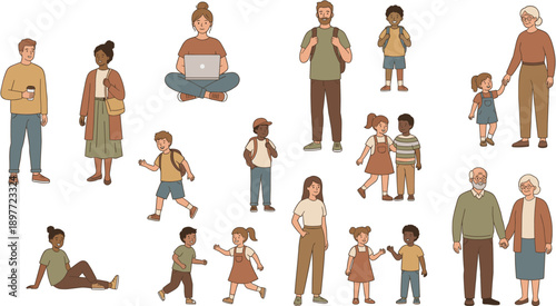 Diverse collection of people, including families, seniors, children, and students, engaging in various daily life activities and interactions