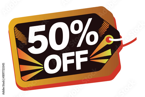 Black Friday Black and orange fifty percent off sale tag with yellow gradient rays discount tag 50 percent off
