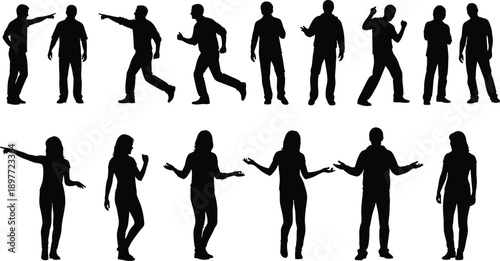 Collection of male and female silhouettes showing different gestures and body language, people communicating with expressive poses isolated on white background, social interaction concept illustration