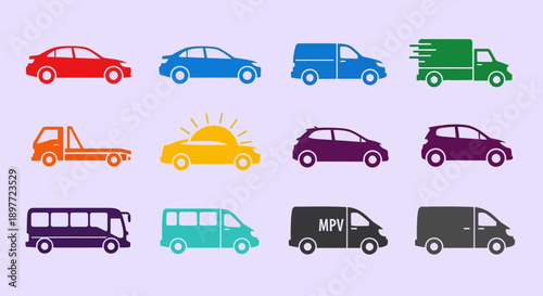 A collection of colorful vehicle icons including cars, trucks, vans, and a bus, illustrating different modes of transport.