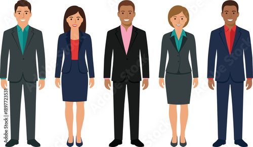 Diverse group of professional business people in formal suits standing together, corporate teamwork, inclusive office staff, and successful workforce