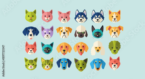 Collection of cartoon dog and cat faces in various colors and breeds.
