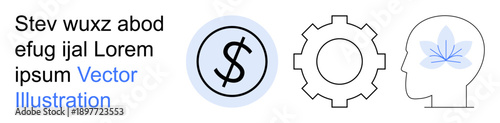 Finance, technology, health, innovation, eco-thinking, mental well-being. Dollar sign, gear and head with leaf. Finance and technology concepts with clean symbolic visuals