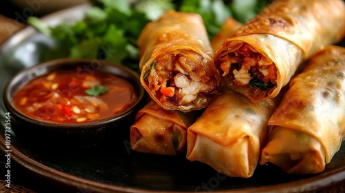 Appetizing plate of crispy asian spring rolls ready to be enjoyed.