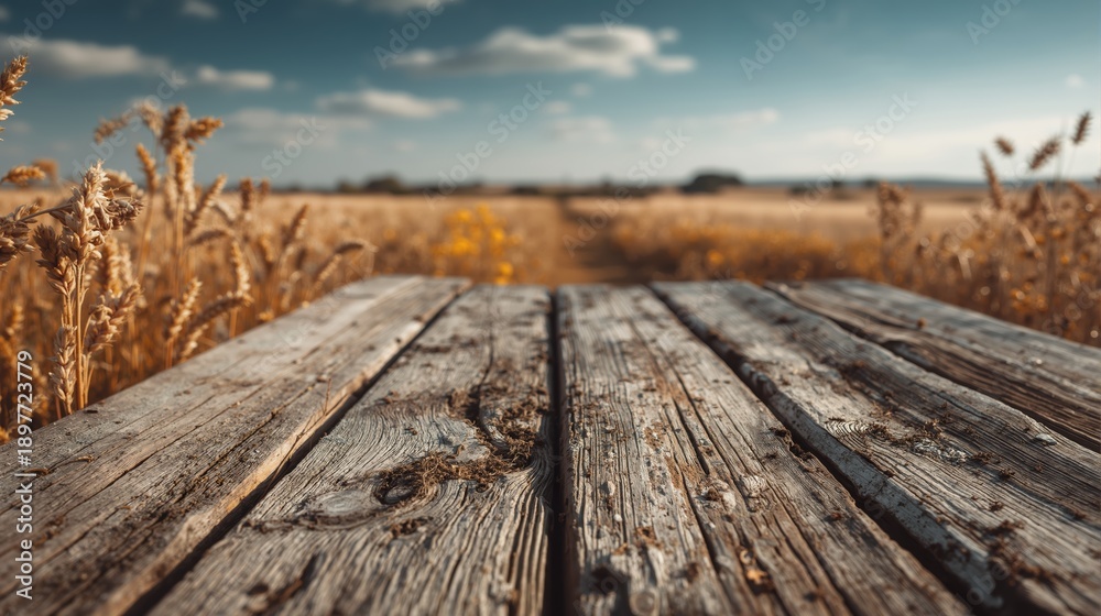 Fototapeta premium Rustic wooden table surface with blurred wheat field background. Agriculture harvest landscape with copy space