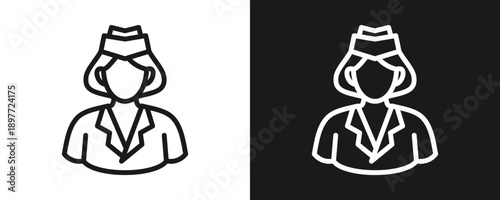 Air Hostess Icon Set Outline In White And Black Background