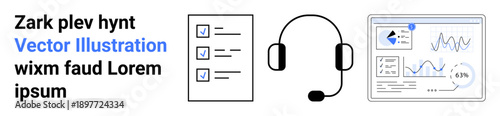 Customer support, remote work, analytics, data management, communication, workflow. Visual checklist, headset and analytics display. Customer support and remote work concept for efficient