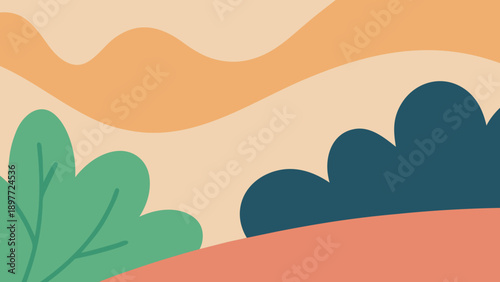 Vector illustration of a desert landscape featuring palm trees and mountains under an orange sunset sky with a yellow sun and clouds for a summer travel nature design