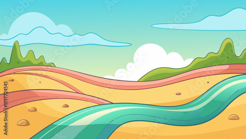 Vector illustration of a summer landscape featuring a rainbow over green mountain hills and a grassy meadow under a blue sky with clouds and sun