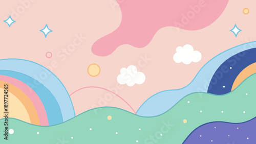 Vector illustration of an abstract nature landscape background with rolling green grass hills and summer clouds under a bright sun by the blue sea
