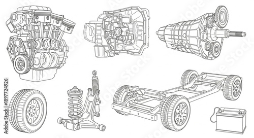 Detailed Mechanical Engineering Drawings of Automotive Components.