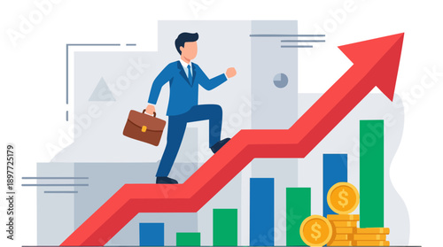 Businessman climbing growth arrow graph.