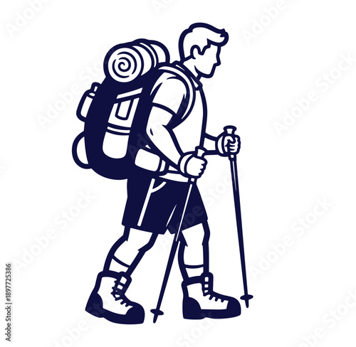 Silhouette illustration of a hiker trekking with backpack and trekking poles for adventure