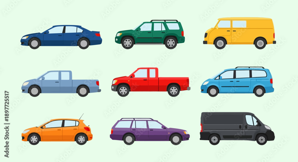 Fototapeta premium Collection of colorful cartoon cars and vans on a light green background.