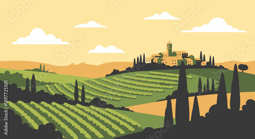 Tuscan landscape with vineyards and cypress trees at sunset.