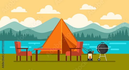 Camping by the lake with orange tent and barbecue grill.