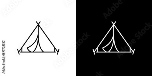 Minimalist outline icon of a tent on black and white background, representing camping and outdoor adventure