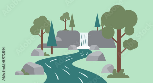 Schilderij op canvas Serene Cartoon Landscape with River and Waterfall.