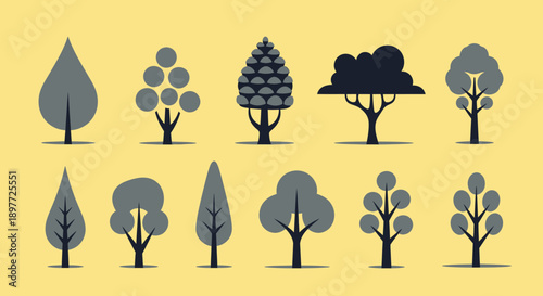 Collection of various tree silhouettes in different shapes and sizes.