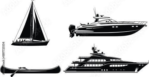 Boat silhouettes collection with sailboat, motor yacht, luxury yacht, and canoe, marine watercraft vector illustration isolated on white