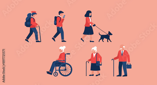 Diverse People Walking and Moving Around with Various Mobility Aids.