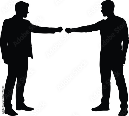 Businessmen fist bump silhouette, teamwork greeting gesture, partnership concept, agreement symbol, corporate cooperation vector illustration isolated on white