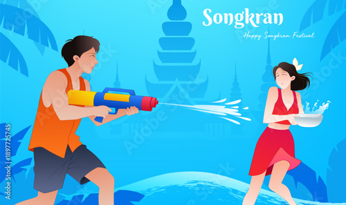 Thailand Songkran Banner Water Fight Happy People with Water Gun Traditional Architecture Plants