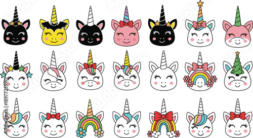 Cartoon unicorn faces, colorful unicorn illustration, cute fantasy animals, whimsical horned creatures, magical expressions, rainbow accessories, playful design, vector art, isolated white background