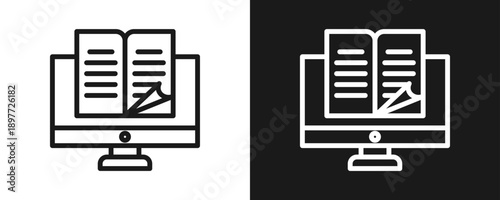 Digital Education Icon Set Outline In White And Black Background