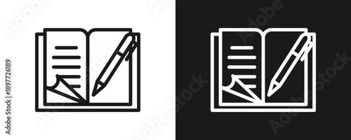 Book Writing Icon Set Outline In White And Black Background